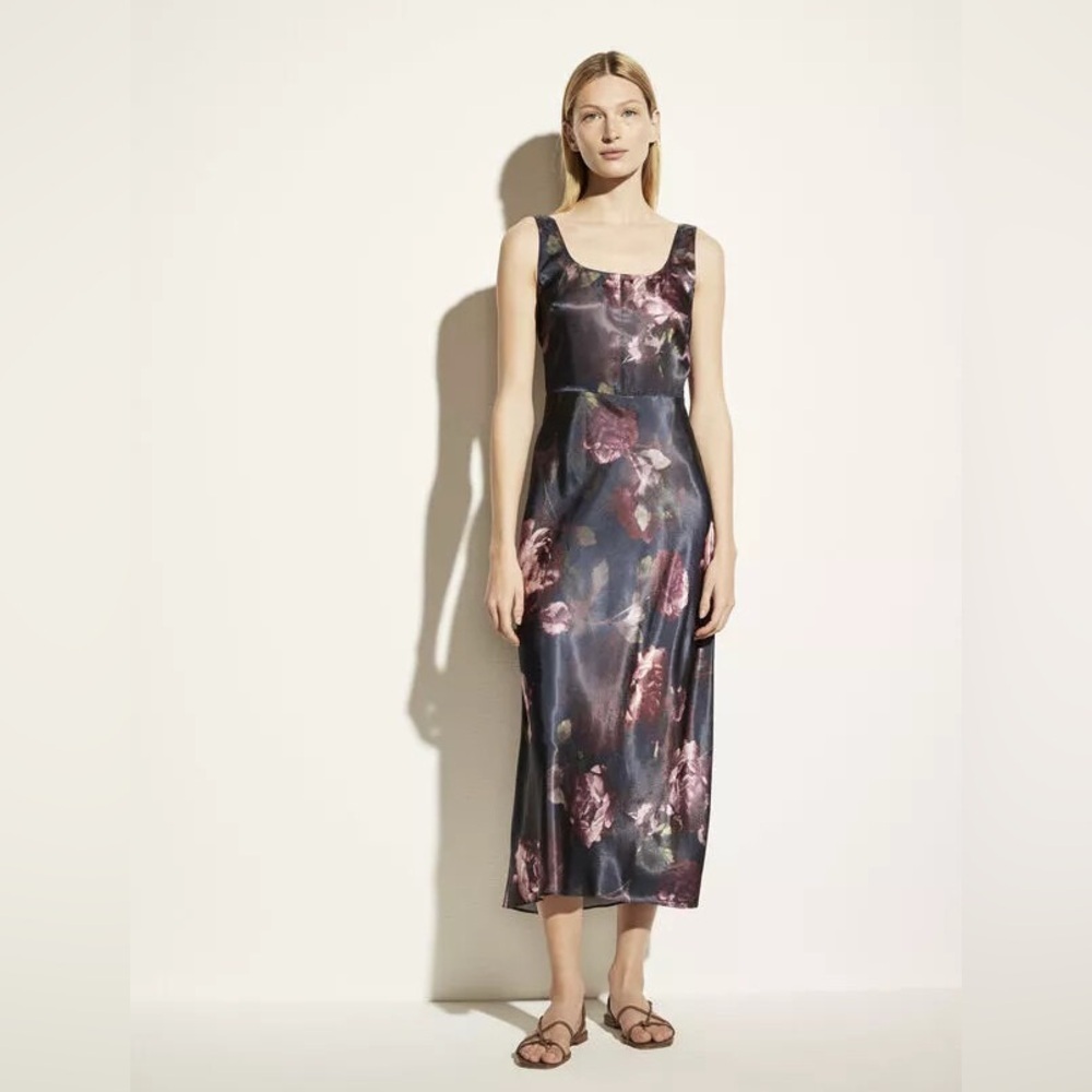 Vince Night Garden Satin Square Neck Dress NWT